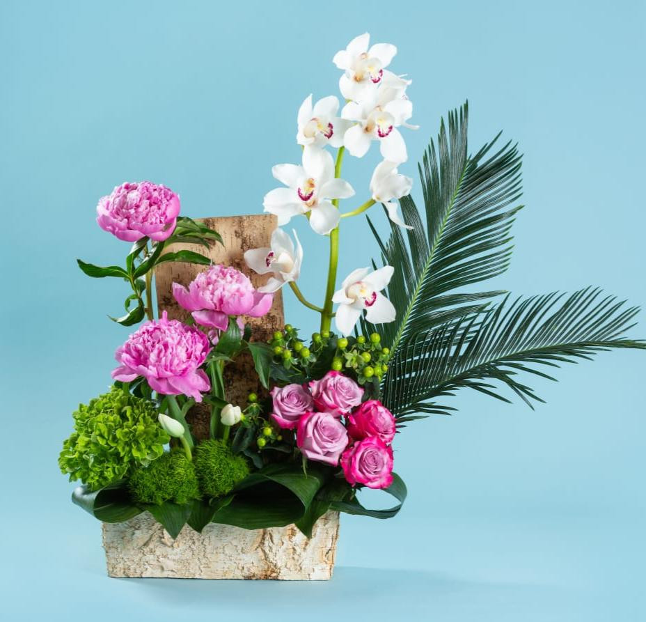 Buds floral arrangement with peonies and birch